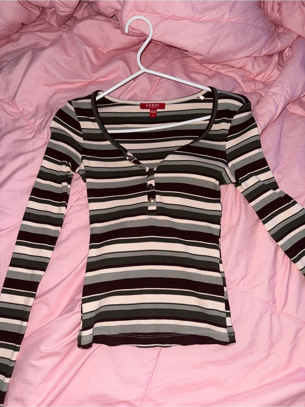 GUESS Striped Long Sleeve Henley Top in Burgundy, Olive, Cream, and Black